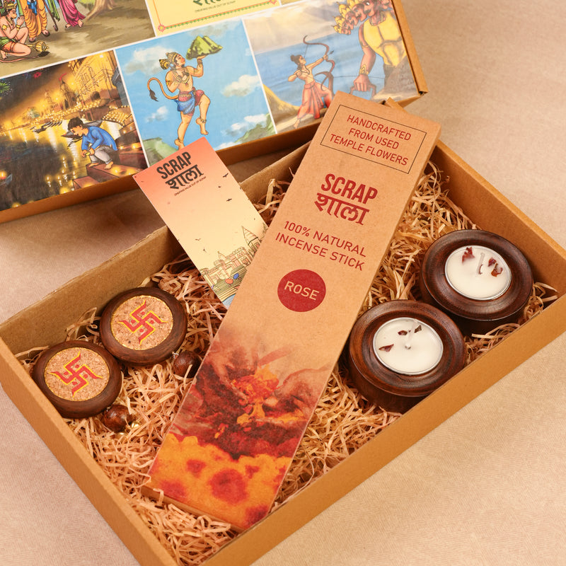 Scrapshala Shubh Mangal Diwali Gift Hamper | Handcrafted in Banaras | Charcoal-Free Agarbatti, Swastik Door Hanging & Wooden Tea-Light Holder | Sustainable Festive Gifting