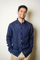 Earthy Route Full Sleeve Button Down Collar Shirt in 100% Linen | Royal Navy