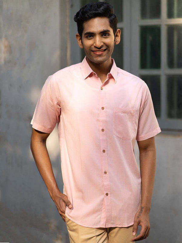 Earthy Route Tencel™ Lyocell Linen Half Sleeve Shirt in Charm Pink