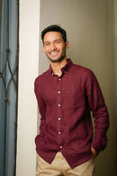 Earthy Route Full Sleeve Button Down Collar Shirt in 100% Linen | Wine Maroon