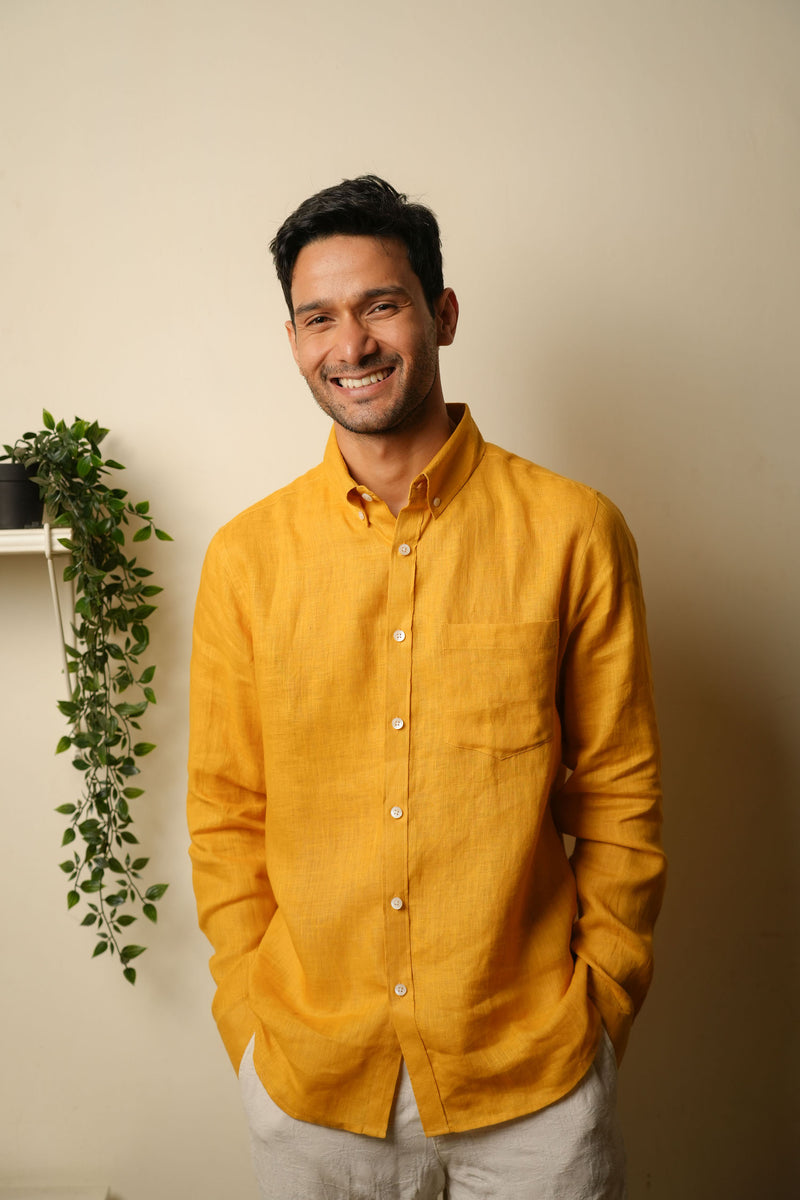 Earthy Route Full Sleeve Button Down Collar Shirt in 100% Linen | Sunset Mustard