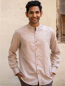 Earthy Route Tencel™ Lyocell Linen Mandarin Collar Shirt in Peppercorn Brown