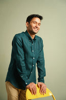 Earthy Route Full Sleeve Button Down Collar Shirt in 100% Linen | Ocean Teal
