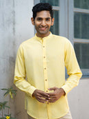 Earthy Route Tencel™ Lyocell Linen Mandarin Collar Shirt in Lemon Yellow