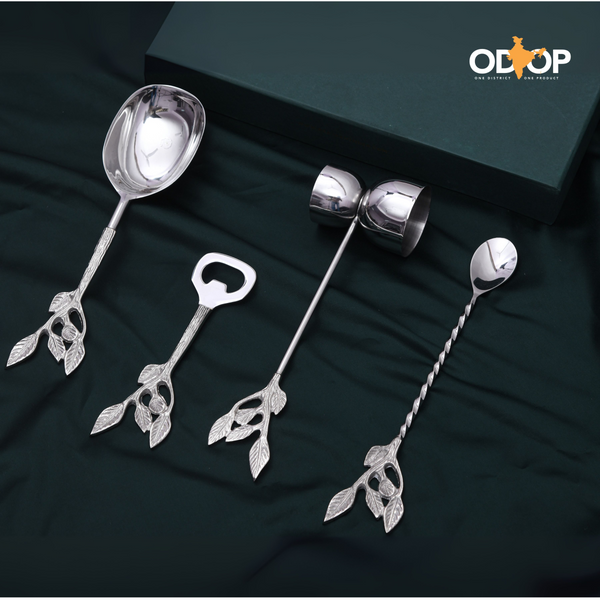 Pravaah Patram Bar Set, Solid Brass Handles, Luxury Gifting, Chrome Finish