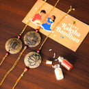 Thenga Coconut Shell Rakhi Sets - Rough (Package includes 3 Rakhis, Kumkum, Rice Grains & Raksha Bandhan Card) - Set of 3
