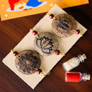 Thenga Coconut Shell Rakhi Sets - Rough (Package includes 3 Rakhis, Kumkum, Rice Grains & Raksha Bandhan Card) - Set of 3