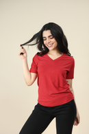 Carbontree Bamboo Women Bold Red V Neck Tee