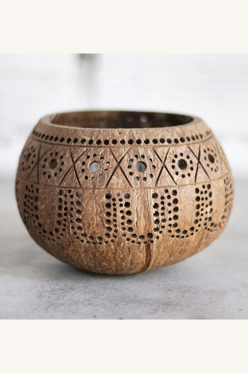 Thenga Brown Hand Carved Coconut Shell Candle Holder | Lantern Tealight ( Tropical )