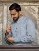 Earthy Route Tencel™ Lyocell  Linen Mandarin Collar Shirt in Slate Grey