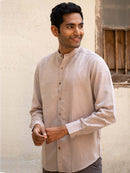 Earthy Route Tencel™ Lyocell Linen Mandarin Collar Shirt in Peppercorn Brown