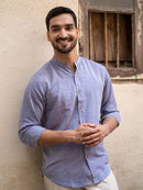 Earthy Route Tencel™ Lyocell Linen Mandarin Collar Shirt in Steel Blue