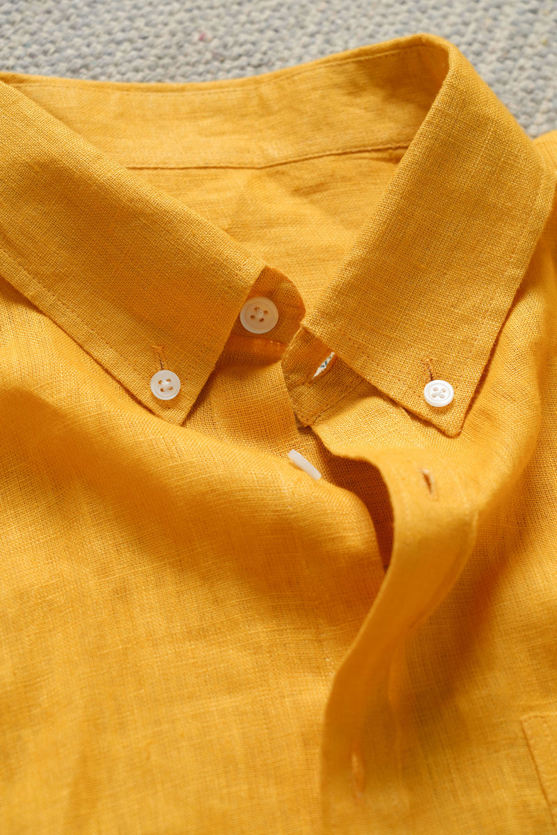 Earthy Route Full Sleeve Button Down Collar Shirt in 100% Linen | Sunset Mustard