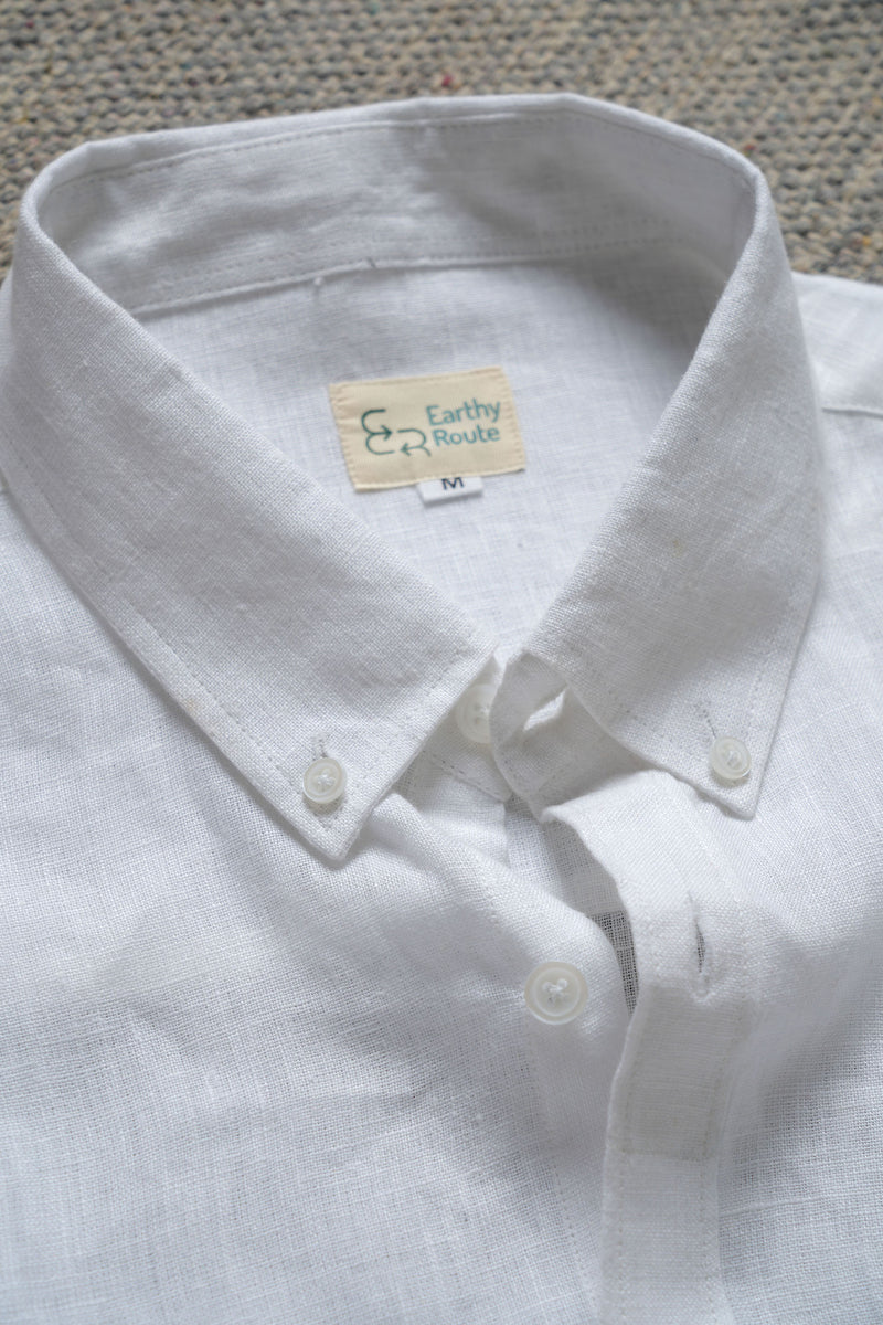 Earthy Route Full Sleeve Button Down Collar Shirt in 100% Linen | Classic White
