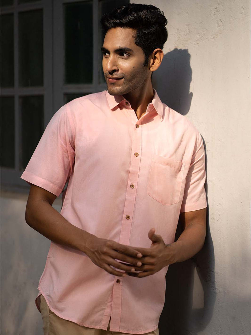 Earthy Route Tencel™ Lyocell Linen Half Sleeve Shirt in Charm Pink