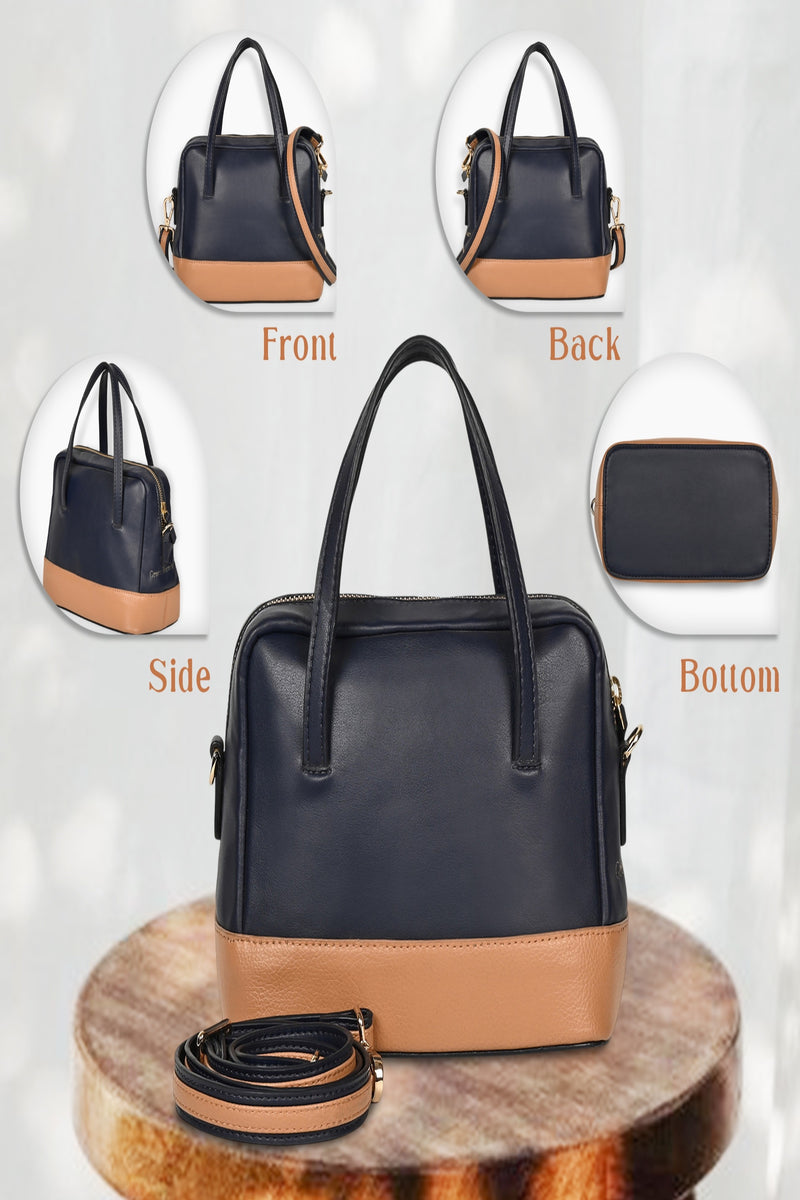 Green Hermitage Vanadey Vegan Leather Satchel/Crossbody Bag (Navy Blue & Caramel)