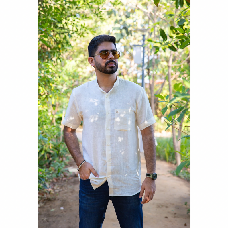 Linen Band Collar Half sleeve shirt