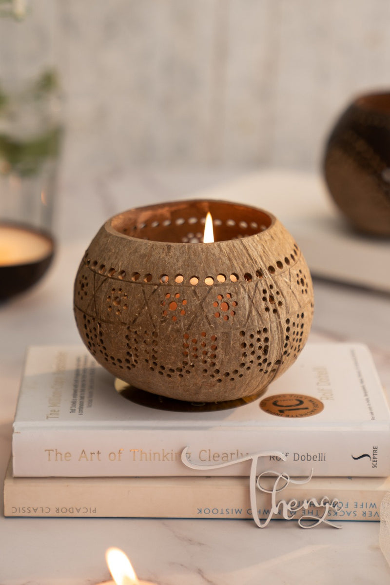 Thenga Brown Hand Carved Coconut Shell Candle Holder | Lantern Tealight ( Tropical )