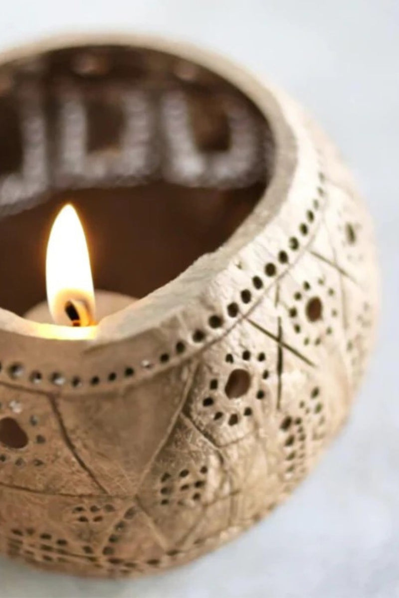 Thenga Brown Hand Carved Coconut Shell Candle Holder | Lantern Tealight ( Tropical )