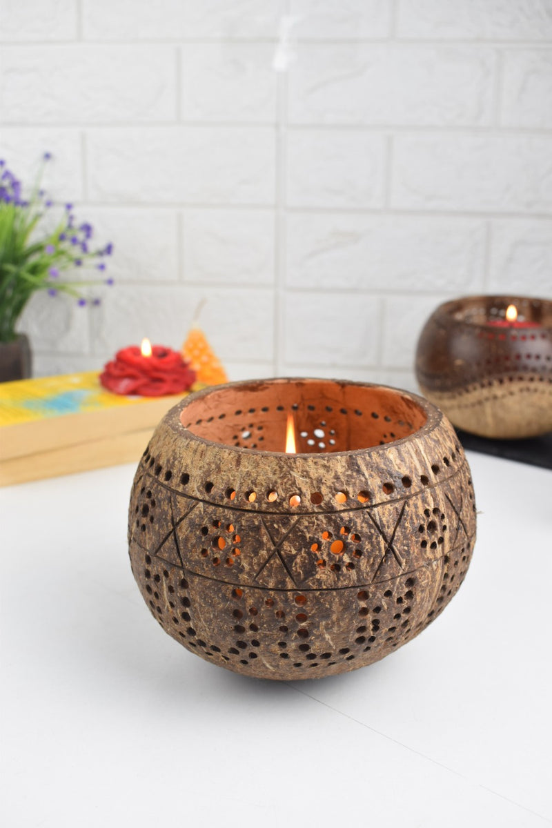 Thenga Brown Hand Carved Coconut Shell Candle Holder | Lantern Tealight ( Tropical )