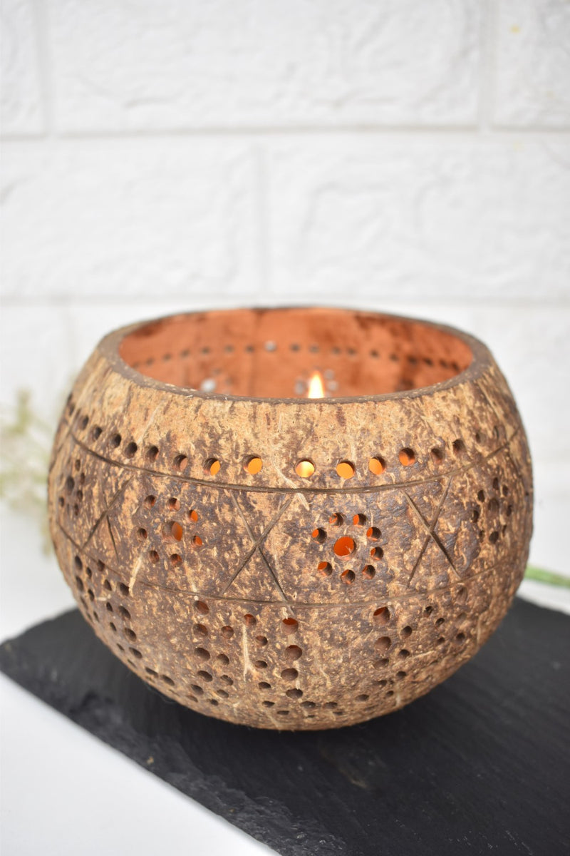 Thenga Brown Hand Carved Coconut Shell Candle Holder | Lantern Tealight ( Tropical )