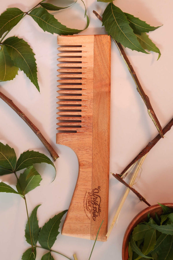 Vriksha Veda Brown Neem Wood Comb with Handle