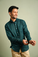 Earthy Route Full Sleeve Button Down Collar Shirt in 100% Linen | Ocean Teal