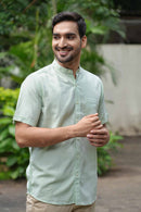 Earthy Route Half Sleeve Mandarin Collar Shirt in TENCEL™ Lyocell Linen | Fresh Green