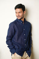 Earthy Route Full Sleeve Button Down Collar Shirt in 100% Linen | Royal Navy