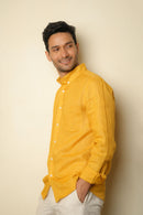 Earthy Route Full Sleeve Button Down Collar Shirt in 100% Linen | Sunset Mustard