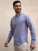 Earthy Route Tencel™ Lyocell Linen Mandarin Collar Shirt in Steel Blue