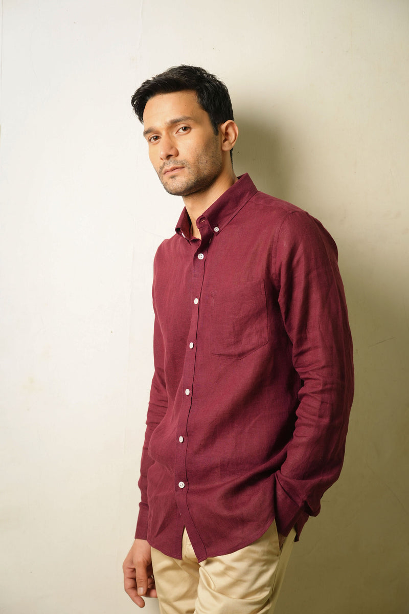 Earthy Route Full Sleeve Button Down Collar Shirt in 100% Linen | Wine Maroon