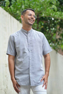 Earthy Route Half Sleeve Mandarin Collar Shirt in TENCEL™ Lyocell Linen | Slate Grey