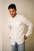 Earthy Route Full Sleeve Button Down Collar Shirt in 100% Linen | Classic White