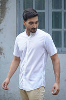 Earthy Route Half Sleeve Mandarin Collar Shirt in TENCEL™ Lyocell Linen | Snow White