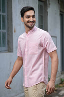 Earthy Route Half Sleeve Mandarin Collar Shirt in TENCEL™ Lyocell Linen | Charm Pink