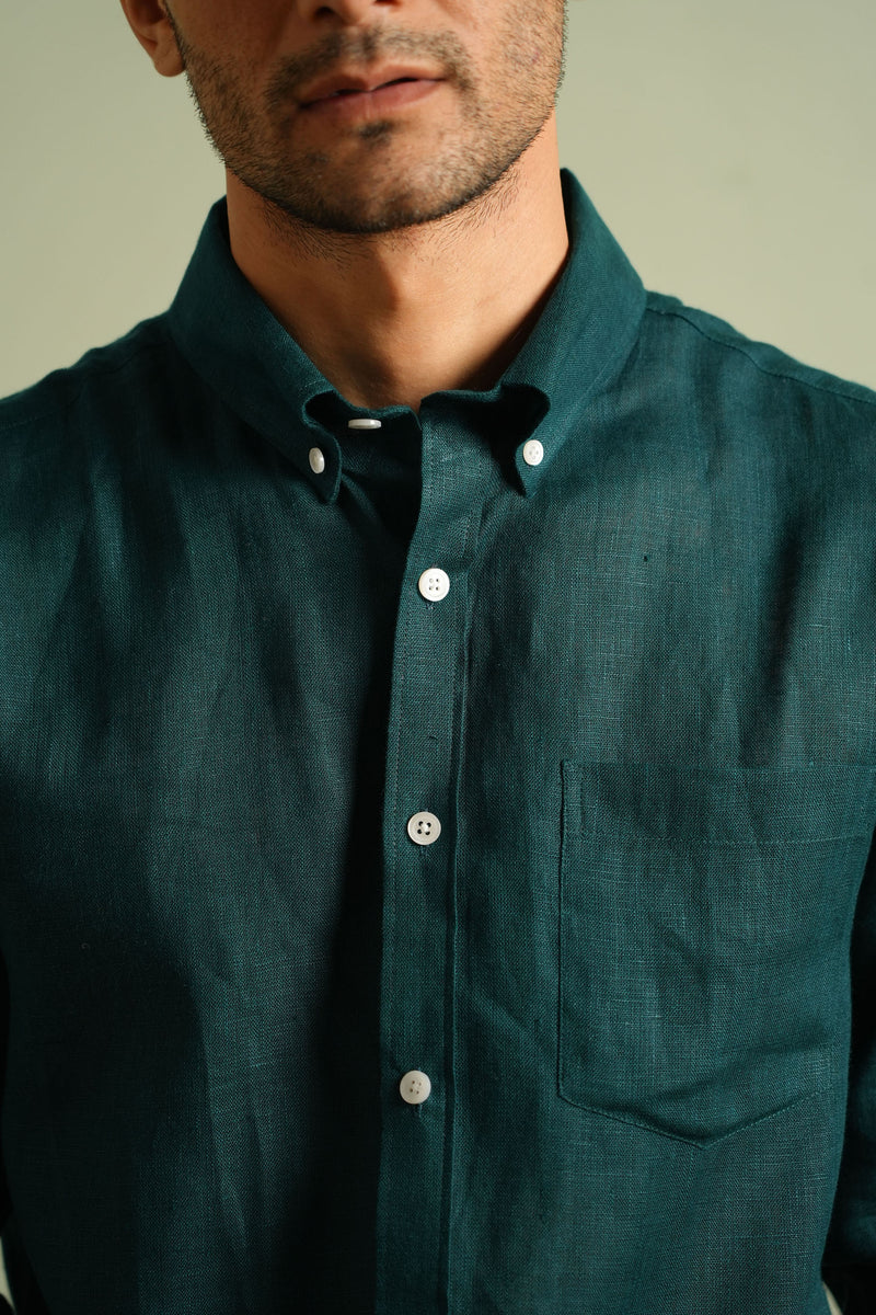 Earthy Route Full Sleeve Button Down Collar Shirt in 100% Linen | Ocean Teal