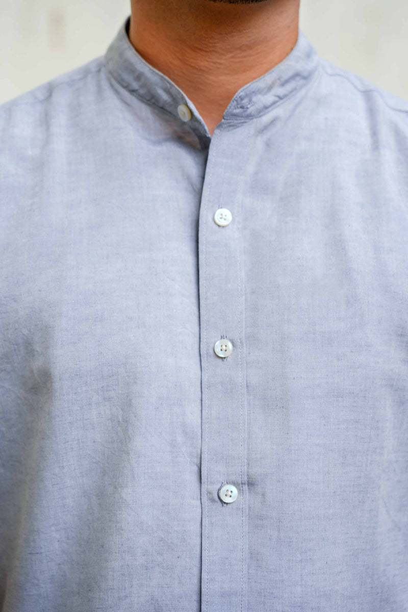 Earthy Route Half Sleeve Mandarin Collar Shirt in TENCEL™ Lyocell Linen | Slate Grey