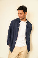 Earthy Route Full Sleeve Button Down Collar Shirt in 100% Linen | Royal Navy