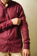 Earthy Route Full Sleeve Button Down Collar Shirt in 100% Linen | Wine Maroon