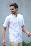 Earthy Route Half Sleeve Mandarin Collar Shirt in TENCEL™ Lyocell Linen | Snow White