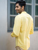 Earthy Route Tencel™ Lyocell Linen Mandarin Collar Shirt in Lemon Yellow