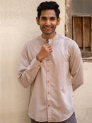 Earthy Route Tencel™ Lyocell Linen Mandarin Collar Shirt in Peppercorn Brown