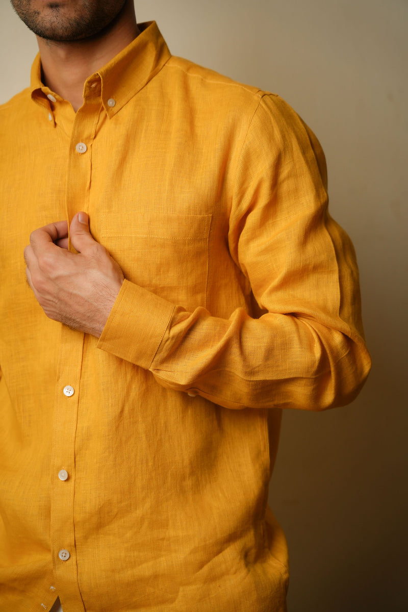 Earthy Route Full Sleeve Button Down Collar Shirt in 100% Linen | Sunset Mustard