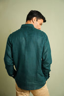 Earthy Route Full Sleeve Button Down Collar Shirt in 100% Linen | Ocean Teal