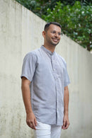Earthy Route Half Sleeve Mandarin Collar Shirt in TENCEL™ Lyocell Linen | Slate Grey