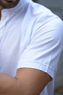 Earthy Route Half Sleeve Mandarin Collar Shirt in TENCEL™ Lyocell Linen | Snow White