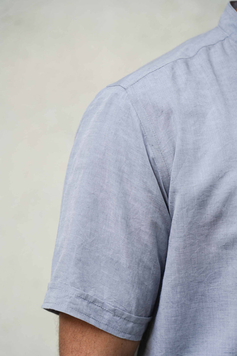 Earthy Route Half Sleeve Mandarin Collar Shirt in TENCEL™ Lyocell Linen | Slate Grey