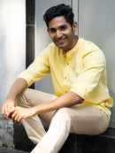 Earthy Route Tencel™ Lyocell Linen Mandarin Collar Shirt in Lemon Yellow