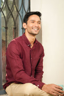 Earthy Route Full Sleeve Button Down Collar Shirt in 100% Linen | Wine Maroon